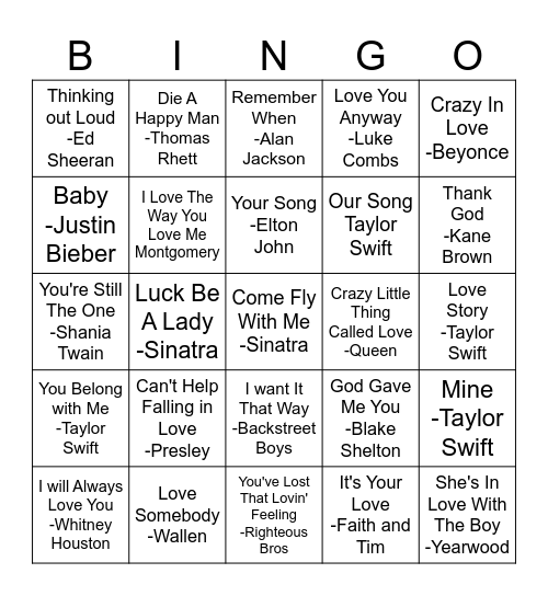 Love Songs Bingo Card