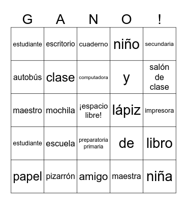 Spanish 1 Gano Bingo Card
