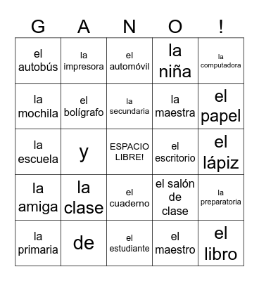 Spanish 1 Vocab 1A Bingo Card