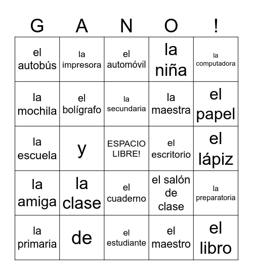 Spanish 1 Vocab 1A Bingo Card