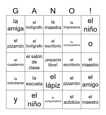 Spanish 1 Vocab 1A Bingo Card