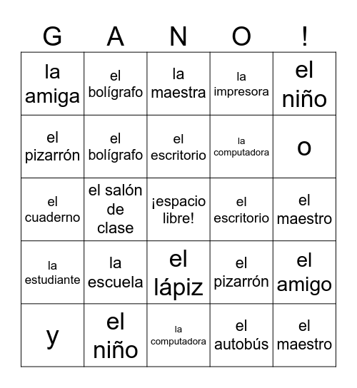 Spanish 1 Vocab 1A Bingo Card