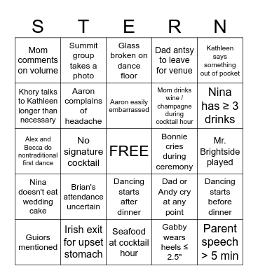 Stern Wedding Bingo Card