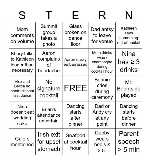 Stern Wedding Bingo Card