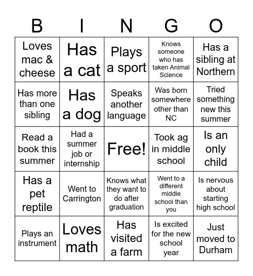 Orientation Bingo! Bingo Card