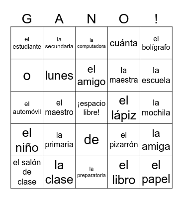Spanish 1 Vocab 1 Bingo Card