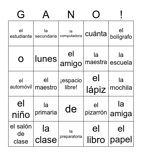 Spanish 1 Vocab 1 Bingo Card