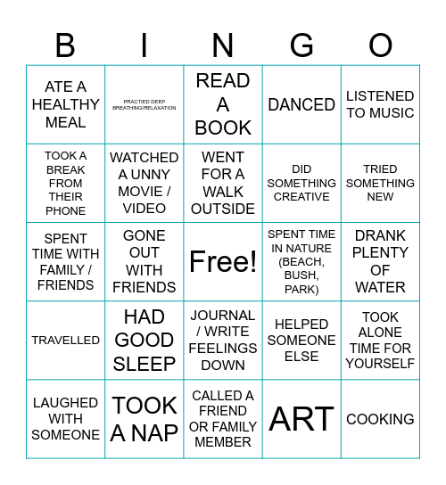 SELF CARE Bingo Card