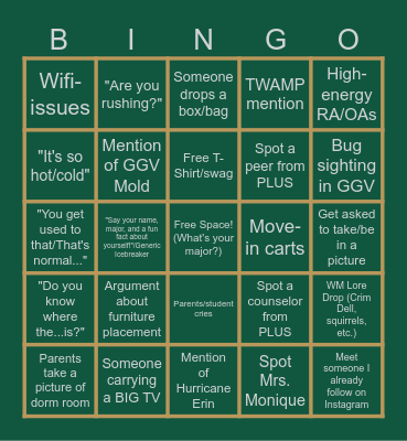 WILLIAM & MARY BINGO Card