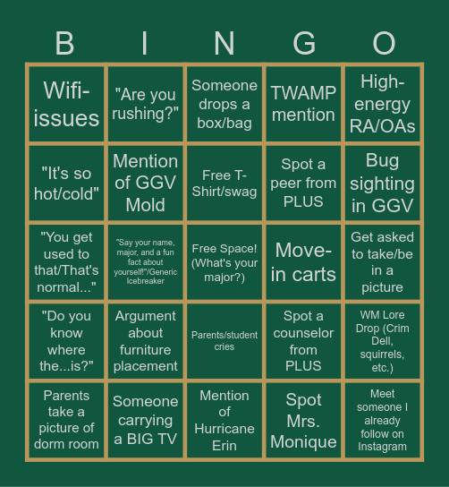 WILLIAM & MARY BINGO Card