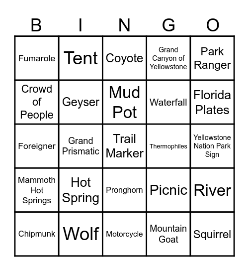 YELLOWSTONE NATIONAL PARK Bingo Card