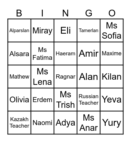 Grade 1B Bingo! Bingo Card