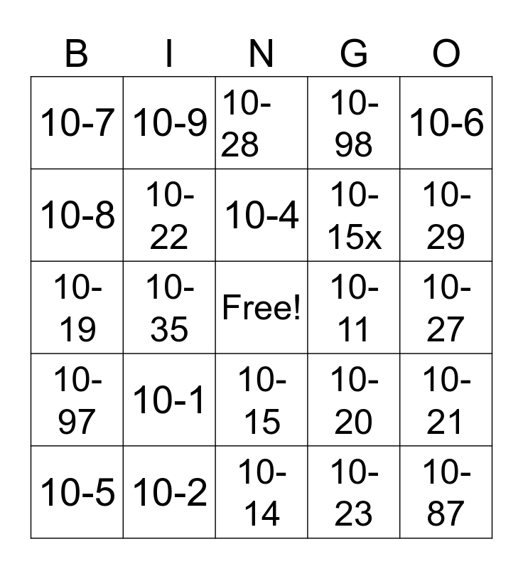 10 Code BINGO Card