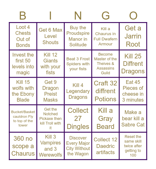 Skyrim Ultimite Bingo Card Bingo Card