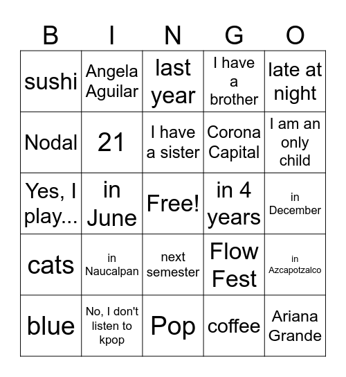 Questions Review Bingo Card