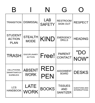 Rules and Procedures BINGO Card