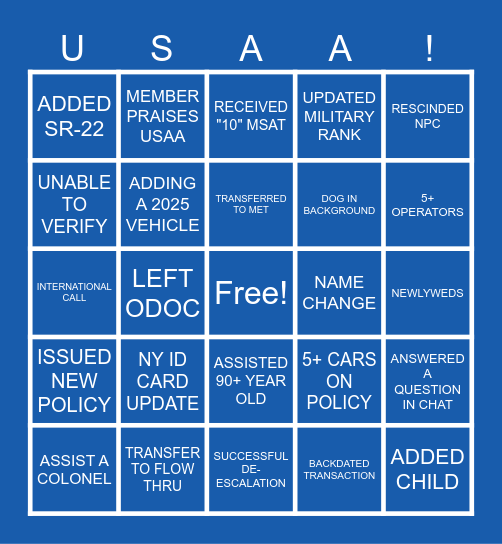 USAA Bingo Card