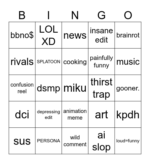 brain rot Bingo Card