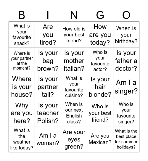 Present Simple - ''to be'' Bingo Card