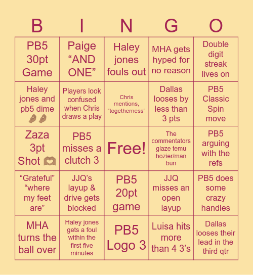 Dallas Assketball Bingo Card