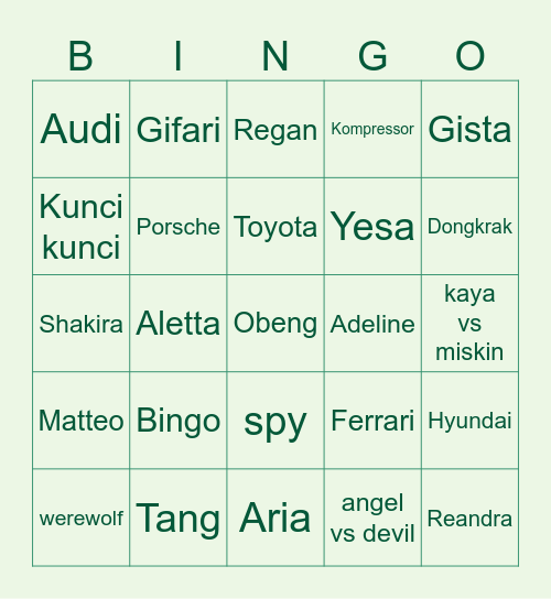 Aria's BINGO Card