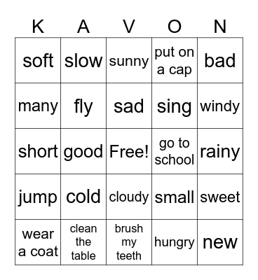 Verbs and Adjectives Bingo Card