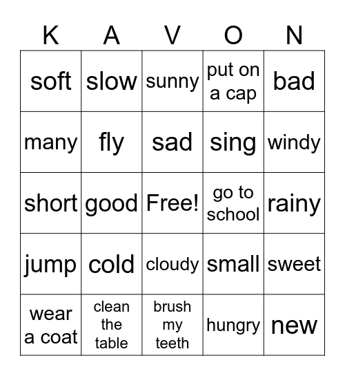 Verbs and Adjectives Bingo Card