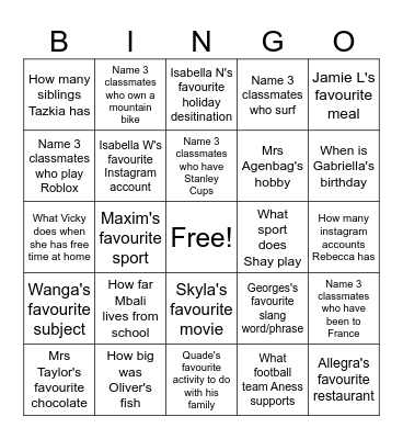 Grade 9 tutor activity Bingo Card