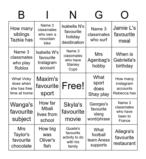 Grade 9 tutor activity Bingo Card