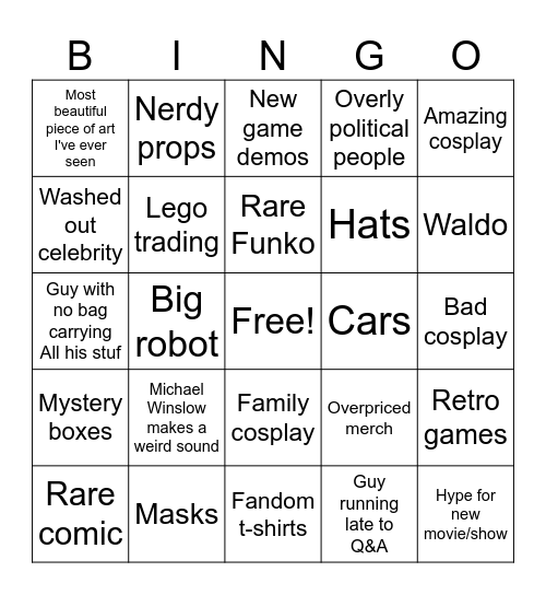 Comic con Bingo Card