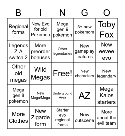 Legends Z-A Trailer Bingo Card