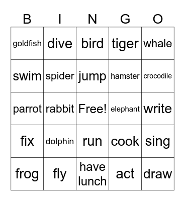 animals ajd verbs Bingo Card