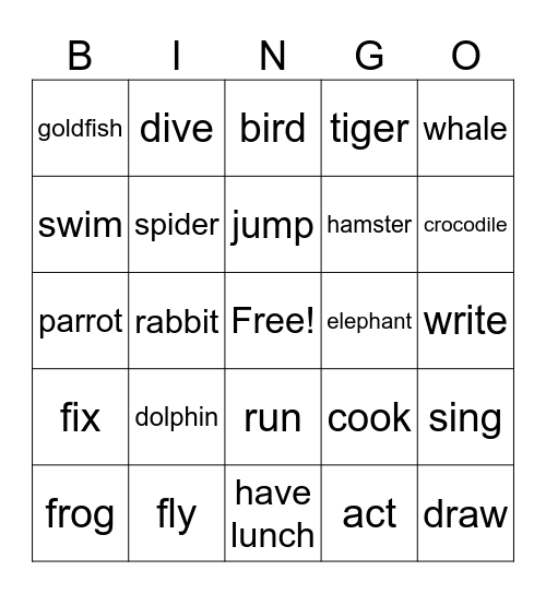 animals ajd verbs Bingo Card