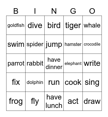 animals ajd verbs Bingo Card