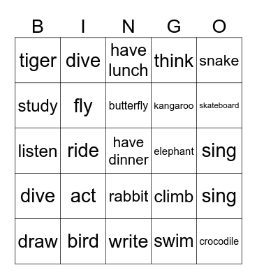 animals ajd verbs Bingo Card