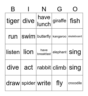 animals ajd verbs Bingo Card