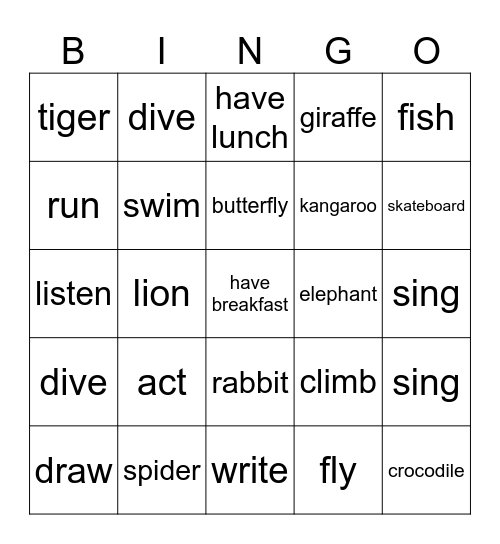 animals ajd verbs Bingo Card