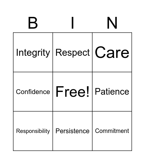 Core Values Bingo Card