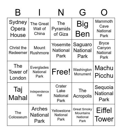 Landmarks around the World Bingo Card
