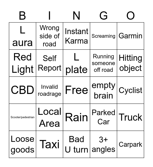 Dash Cam Bingo Card