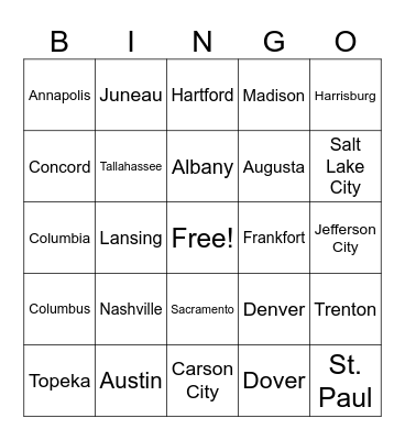 US State Capitals Bingo Card