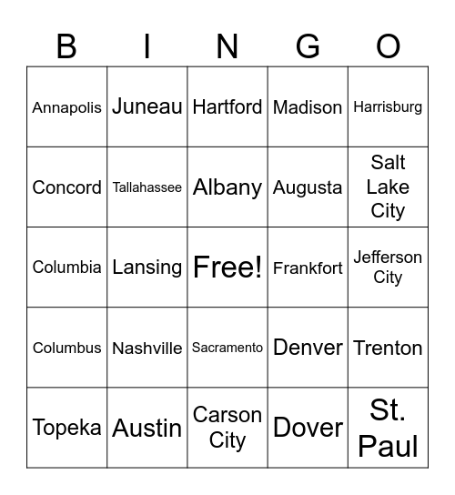 US State Capitals Bingo Card