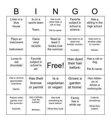 First Day Bingo Card