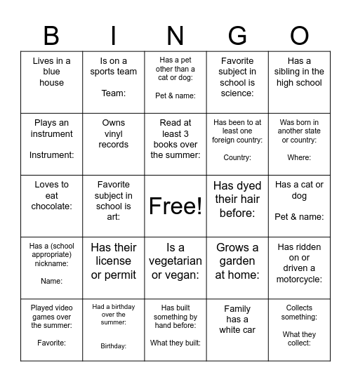First Day Bingo Card