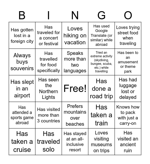 Human Bingo (Travel Edition) Bingo Card