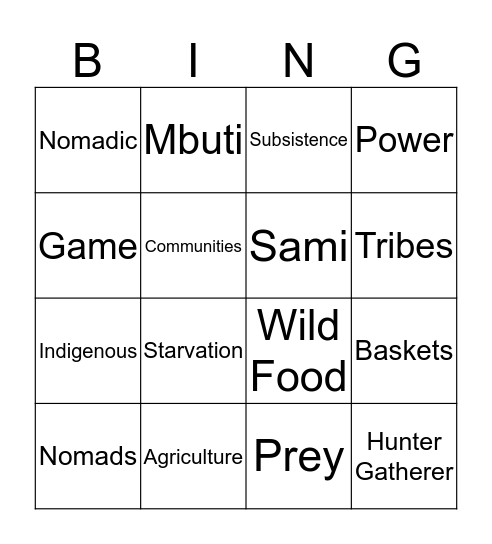 Hunter Gatherer Societies Bingo Card