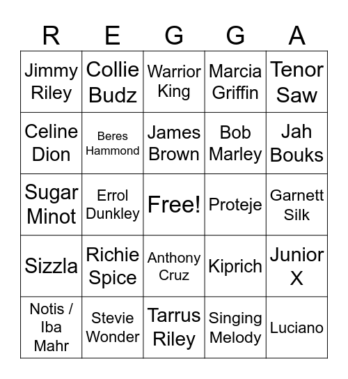 Reggae Bingo Card