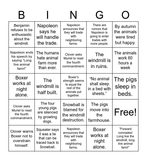 Animal Farm Chapter 6 Bingo Card