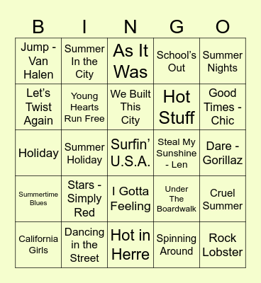 Summer Hits 1 Bingo Card