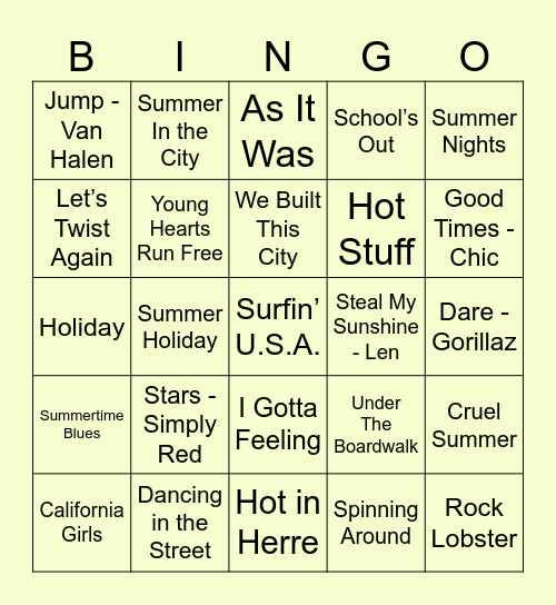Summer Hits 1 Bingo Card